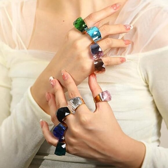 Women's Pink Glass Crystal Stainless Steel Cubic Zirconia Statement Band Ring - Picture 3 of 3